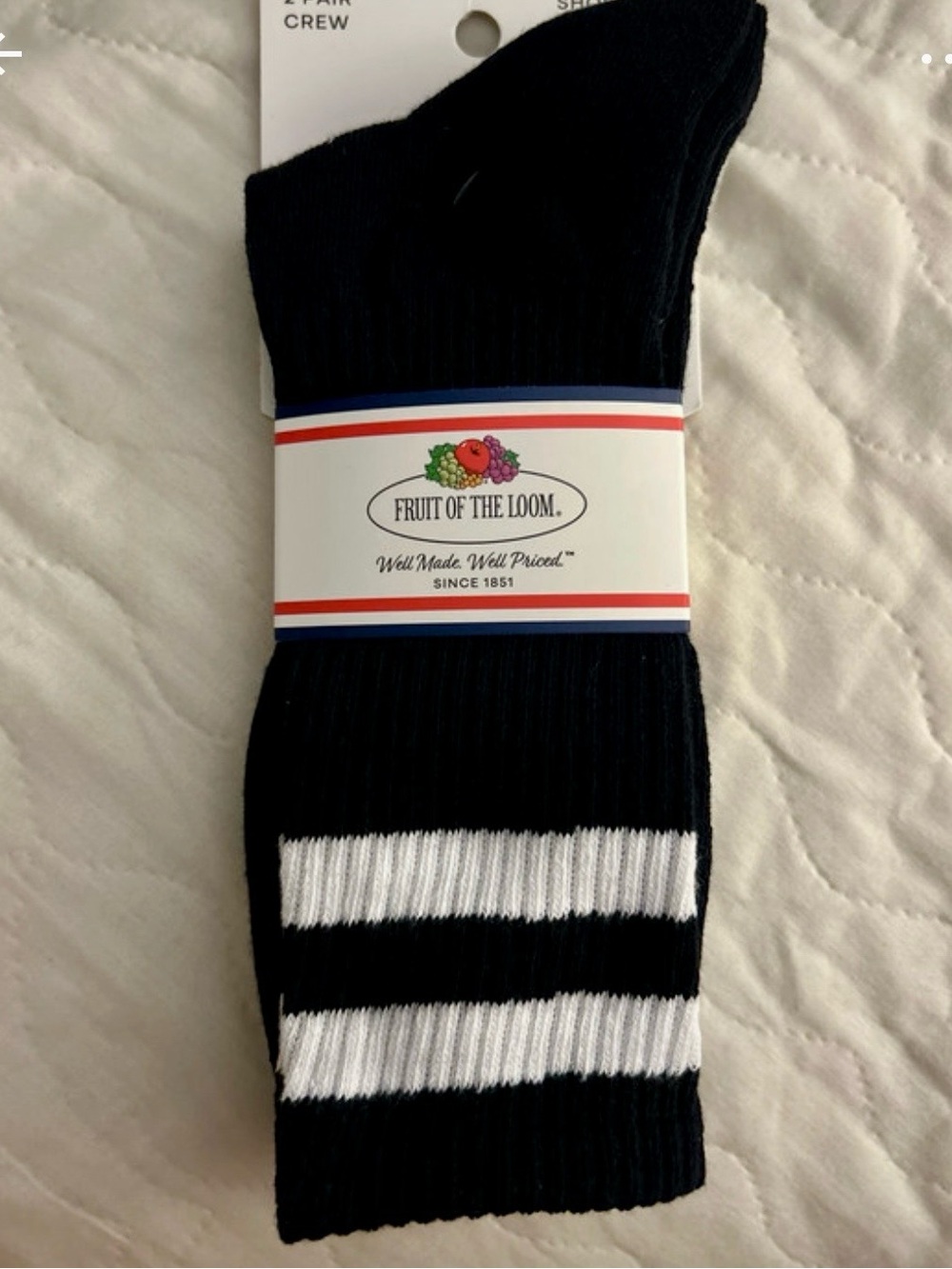 Fruit of the Loom Men's Black Crew Socks with White Stripes - Athletic. 2 pair